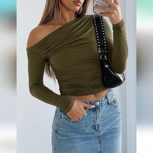 Long Sleeve Boat Neck Off Shoulder‎ Slim Fit Crop Top tight Blouses SZ M green